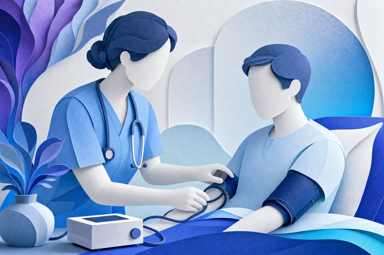 A clinician taking a blood-pressure reading at a patient's bedside