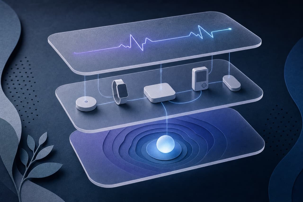 Illustration of three stacked translucent layers — a software card carrying a vital-sign waveform, a row of connected health devices, and a glowing care node beneath