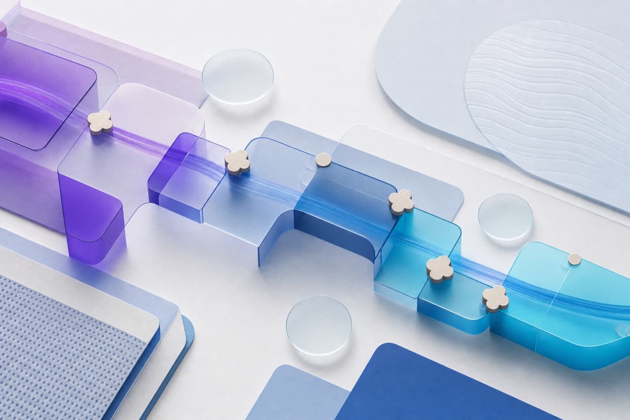 Illustration of interlocking translucent blocks joined by a violet-to-cyan data ribbon, representing healthcare system integrations